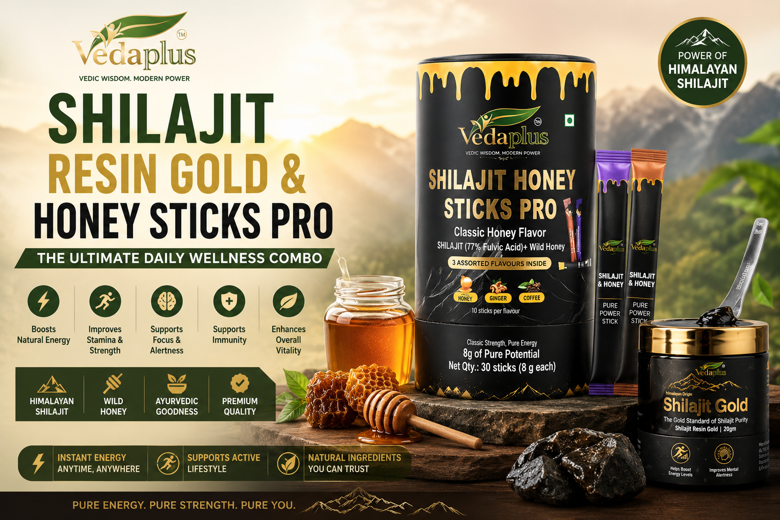 Shilajit Resin Gold & Honey Sticks Pro Combo – Natural Energy & Vitality Support