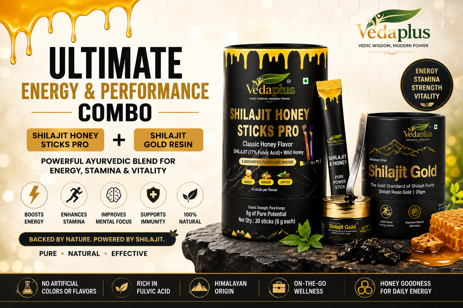 Shilajit Resin Gold & Honey Sticks Pro Combo: The Ultimate Daily Energy and Vitality Solution