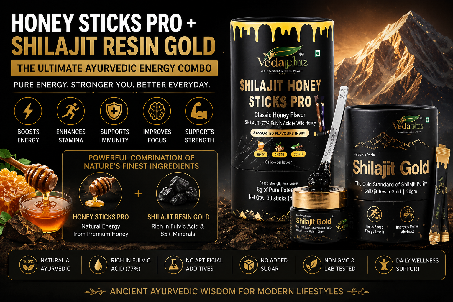 Honey Sticks Pro + Shilajit Resin Gold: The Ultimate Ayurvedic Energy Vitality Combo